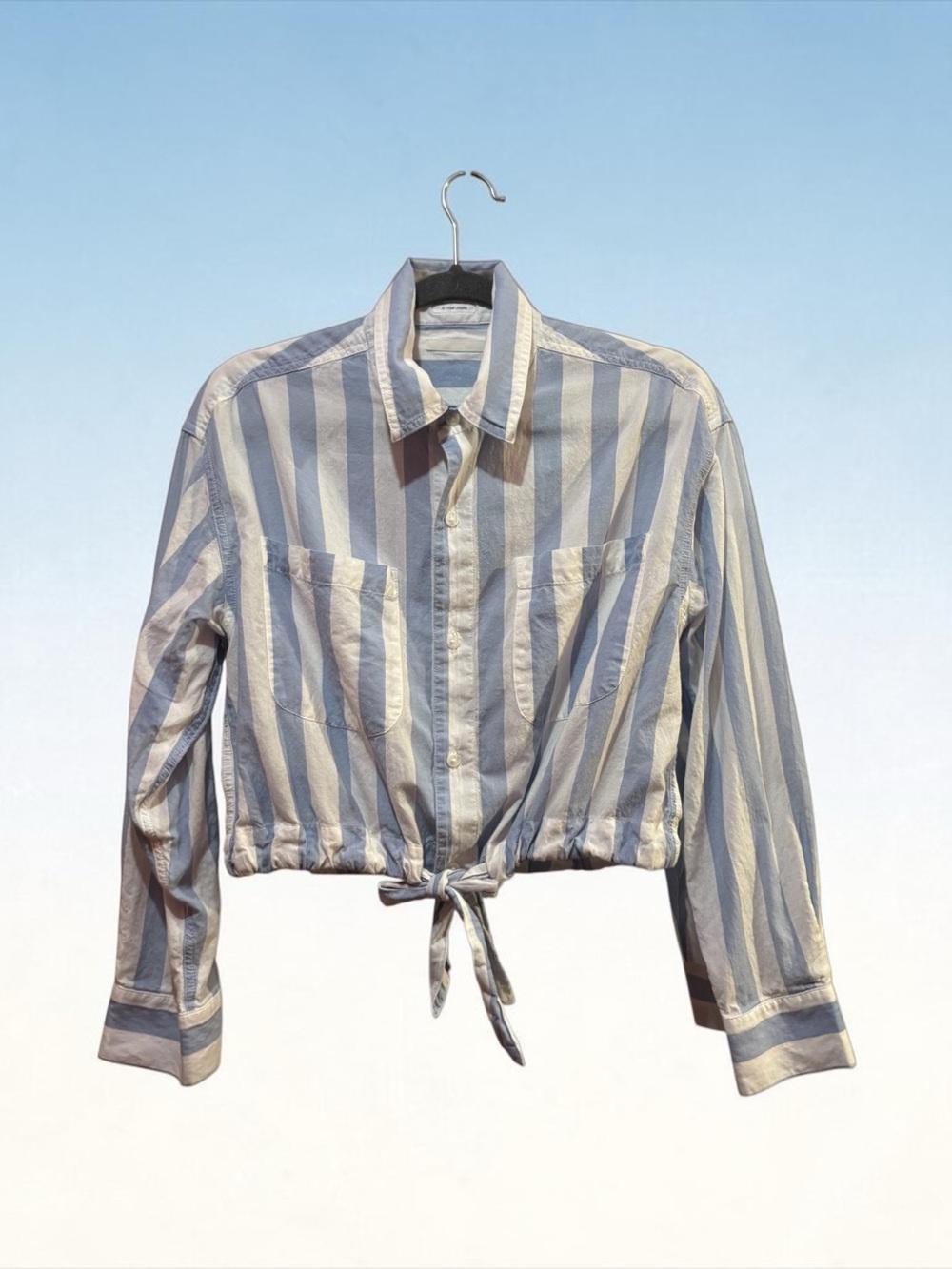 MOTHER blue white striped tie front cropped button down shirt